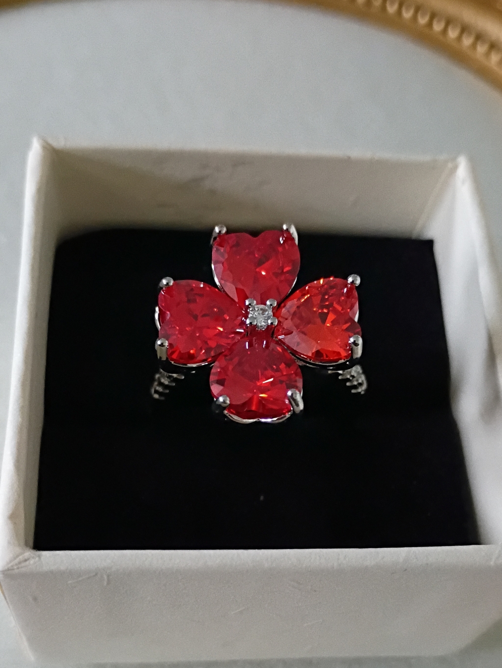 New Red Heart Flower Crystal Adjustable Ring - Elegant Women's Jewelry